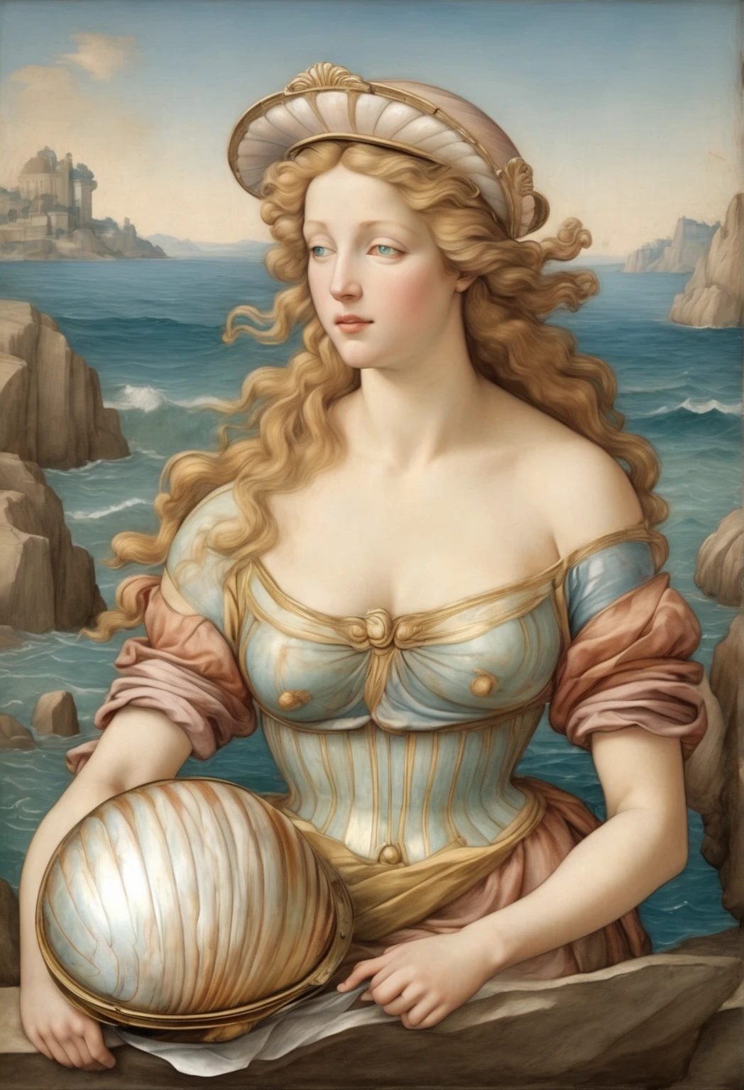 a woman with a starfish over her eyes wearing it as if it were a mask over her eyes and the starfish has small blue lights that shine, the woman stands on a black stone carved with symbols in a rough sea rising hands towards the sky in a Sandro Botichelli style painting, with slightly blue skin and small scales on her face, she has long hair decorated with gold and pearly tiaras and breasts covered with shells (Lying position on the carved rock with a pronounced mermaid tail )(MAR PICADO Y LUNA ILUMINANDO) (MUJER REALISTA CON PIEL AZULADA TENUE) mascara de estrella marina tapando sus ojos (piedras muy negras)
