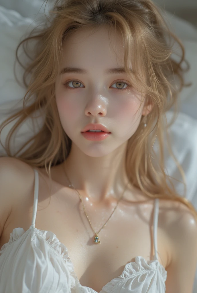 (masterpiece: 1.2, Portraiture, Highest quality), Realistic, (Live Action, Intricate details, Written boundary depth), Highest quality, masterpiece, Attention to detail, semi-Realistic, sleeping in bed, shy, 21 years old, Short Blonde, Hair in the left eye, blue eyes, Wear a white negligee, Slim figure、Canopy bed、 sleeping beauty, Shoulder Bare