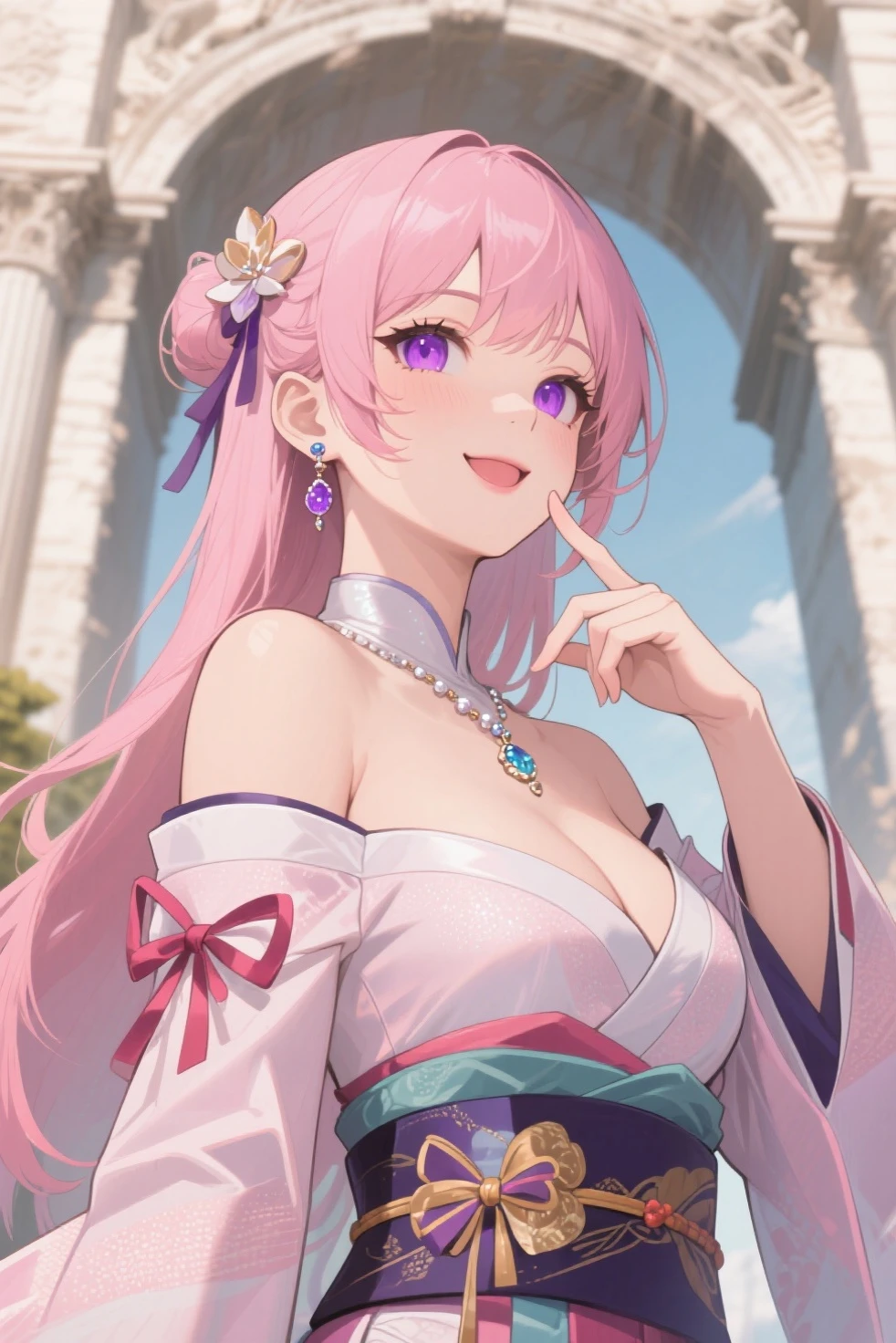 Young girl, long pink hair, fox ears, heterochromia, left white and right purple eyes, purple kimono, open shoulders, large breasts, smile, Masterpiece, hiquality