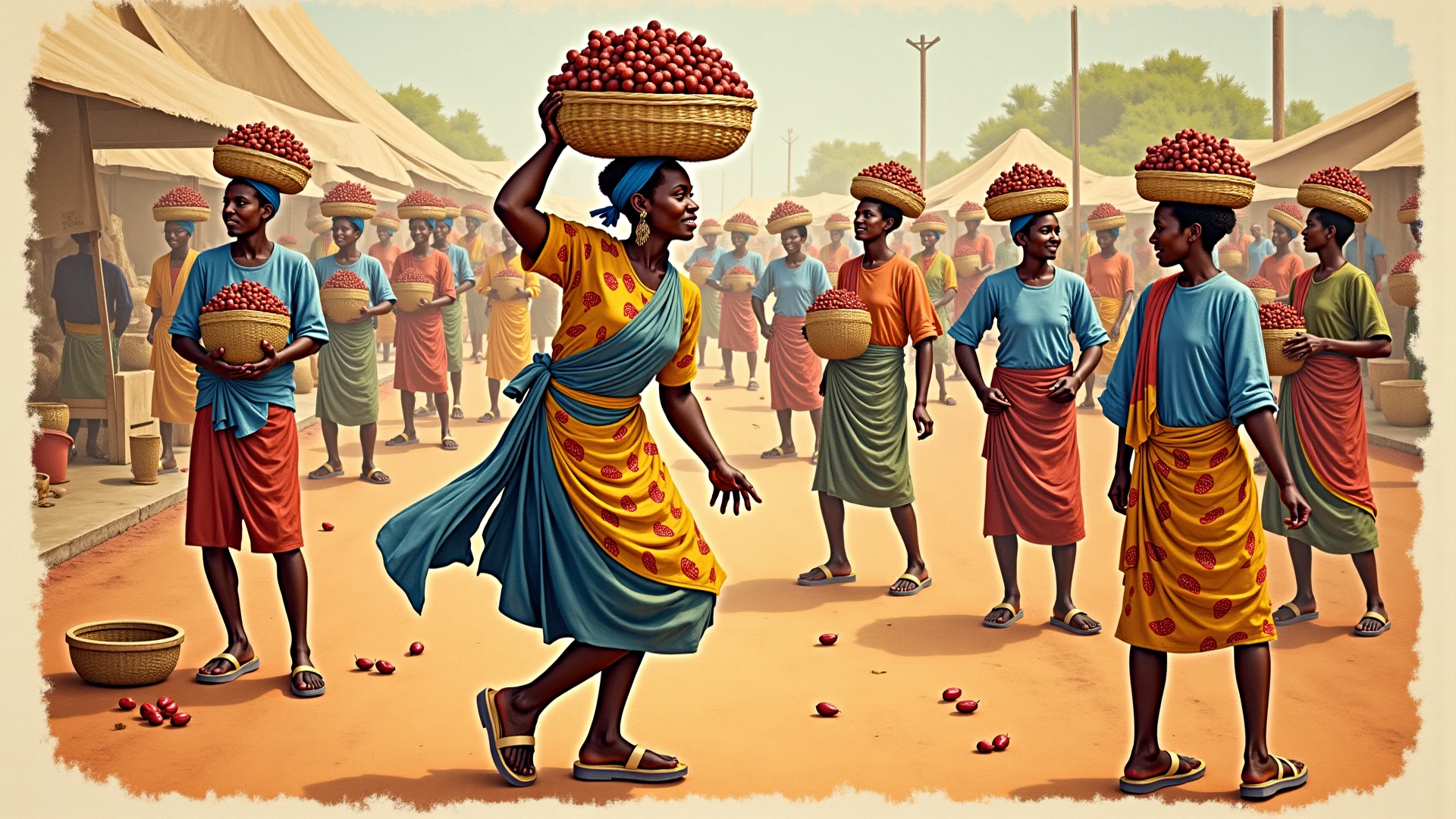 A vibrant igbo village where women carrying baskets of yams on their heads, children chasing after chickens and men gathered dunking palmwine and gossiping
