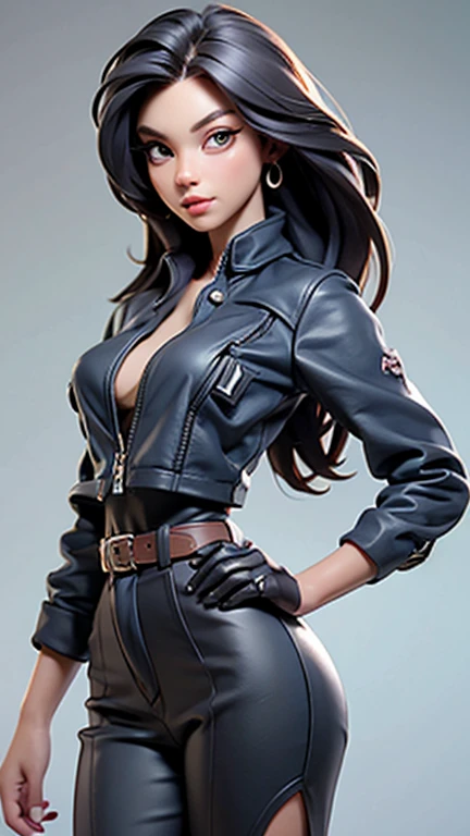a young girl of average height with long, straight dark hair tied into twintails, golden eyes with white pupils, and a slender yet curvy body. her outfit consists of black panties and bra, a protective outer jacket, a neck protector, dark boots and protective gloves. Parts of her outfit are coated with blue lines. Her torso is open, revealing her entire stomach area and cleavage. Her trousers are also exposed at the buttocks. The sleeves of her jacket appear to be too long for the arms and the buttons are in the shape of cross-like symbols.