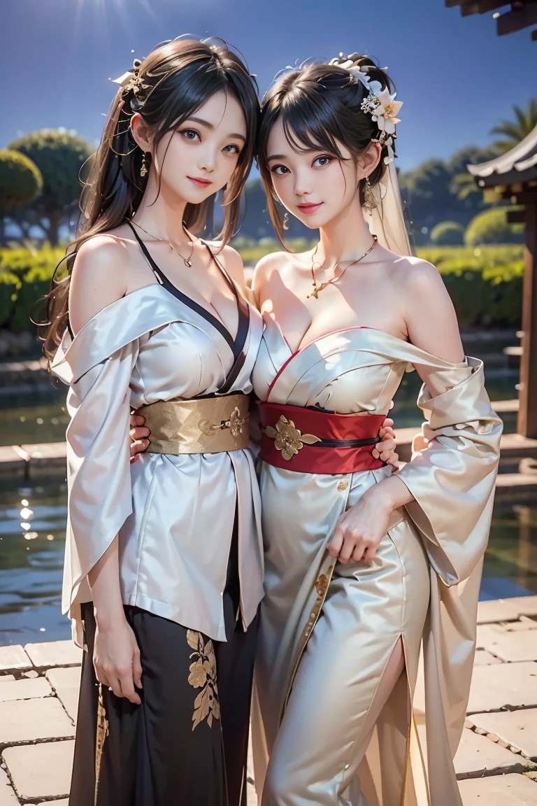 2 girls kneel,duo,top-quality、Extremely Delicately Beautiful、(Strange blue and red eyes)、arabian clothes 、silber hair、femele、(（Brown skin）),Front lens,（Close-up Shot Shot：1.6），best qualtiy，f / 1 HD photography T bokeh，Depth of field Macro,