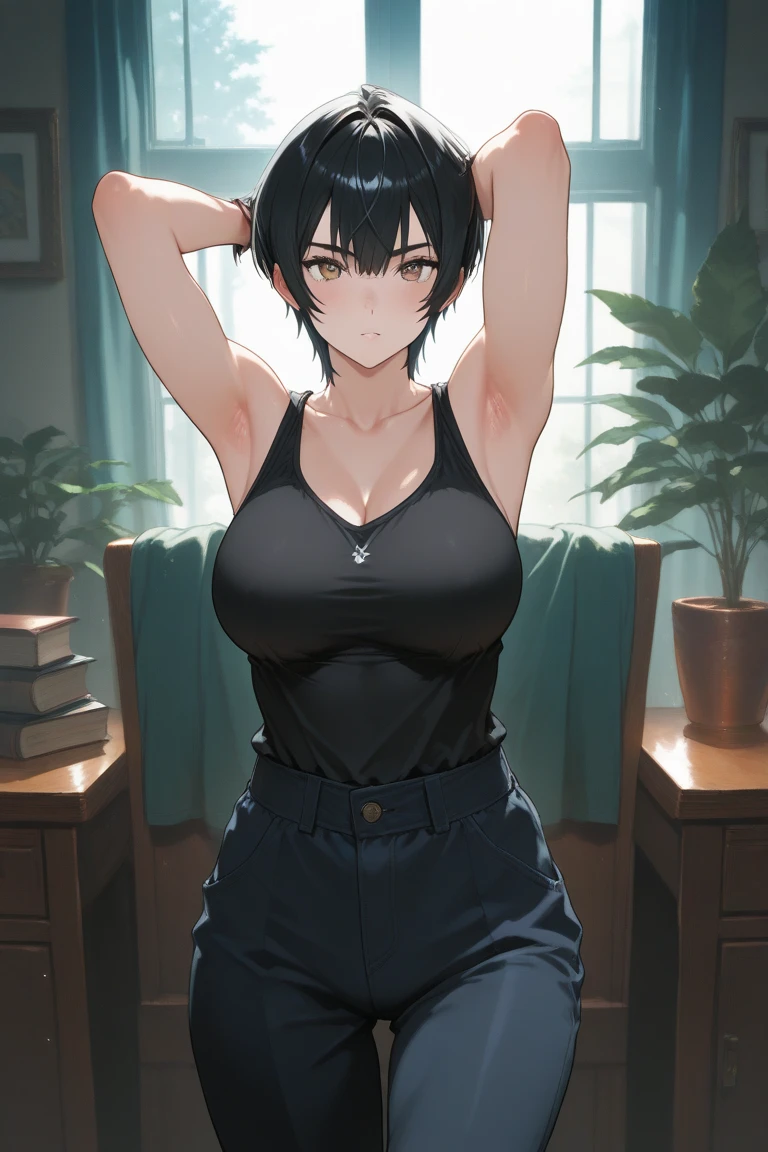 Busty muscular tomboy, she has earrings, she has short black hair, olive skin, she is wearing a transparent tank top showing her nipples and the curves of her body, she is wearing pants black