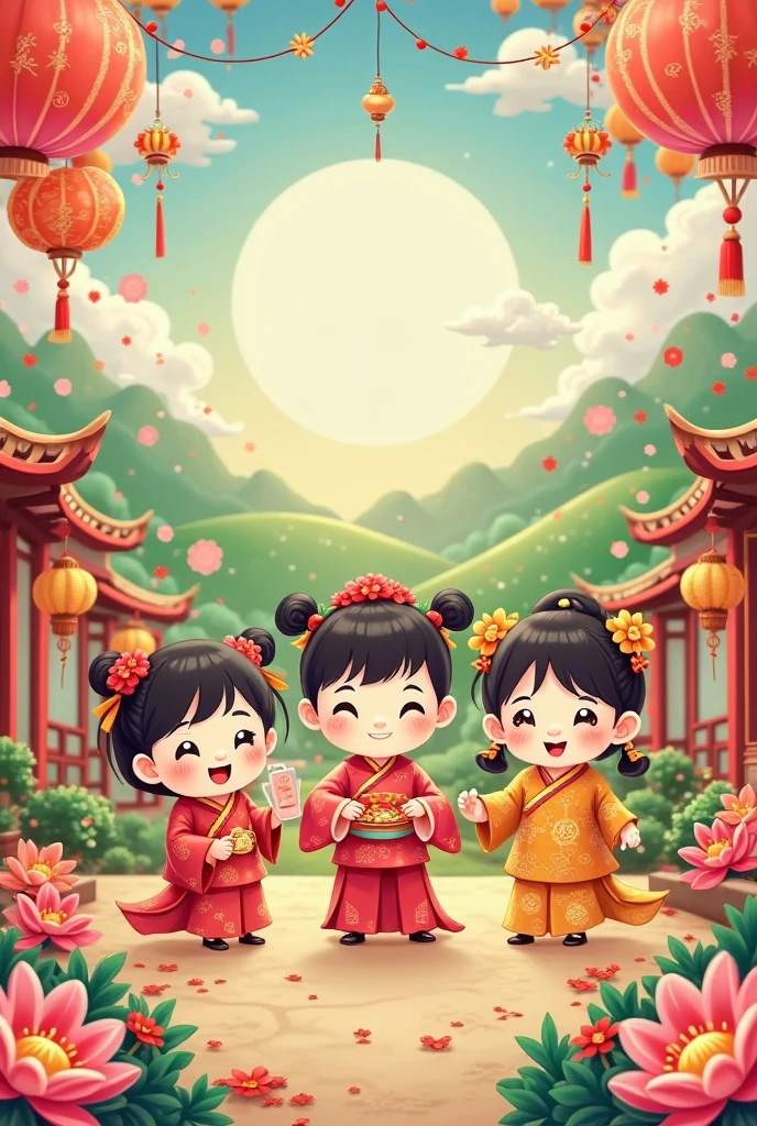 create 3d avatar illustration for the Mid-Autumn Festival VietNamese. including details of star lanterns, VietNamese children playing and a big moon. The main color tones are blue and yellow