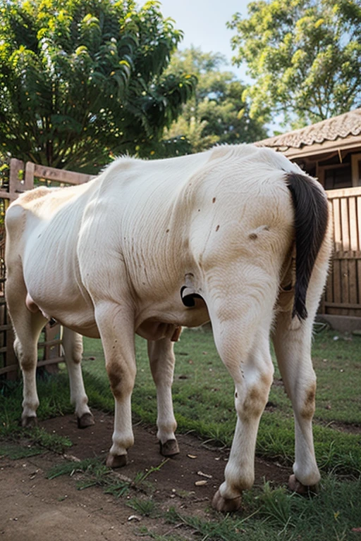 full rear view of a very large fat very hairy (1,200) black(1,100) draft horse stallion with 2 big lumps of horse dung (1,50) dropping to the ground out of rectum at the centre of a big bum and sliding down legs. huge volume of light yellow urine pouring out of erect horse penis flooding (1,10) the ground under horse. facing away from view point - towards horizon. open rectum and anus in full view tail to left side. ((masterpiece)), ((best quality)), ((highres)), ((extremely detailed)), (( long distance back view)), (super realistic) . anatomically correct. open field. bright sunny sky. (head(1,10), body, legs, hooves,(2.5)). hairy horse. 5 very large piles of horse dung around back of horse(1,20).