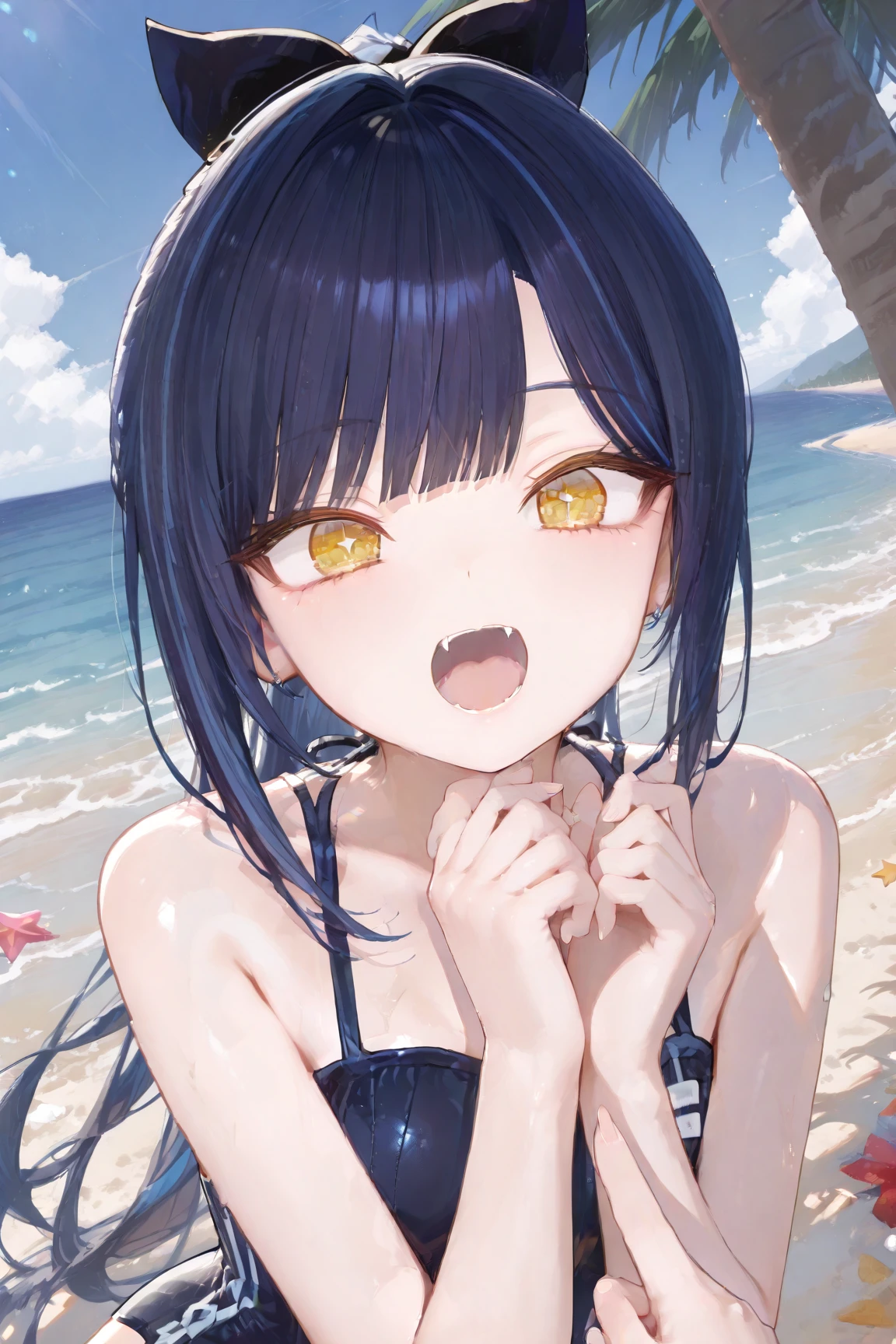 (masterpiece:1.2), (highest quality:1.2), Perfect Eyes, Perfect Face, Perfect lighting, middle ages, middle ages, beach, 1boy, Black Hair,  blue eye, blunt bangs, short hair , Ahoge, ((((Nude)))) , open mouth, front,  spread legs, arms behind head,  sweat, eyes closed ,(disdain), (scared), From above, angry , Small breasts