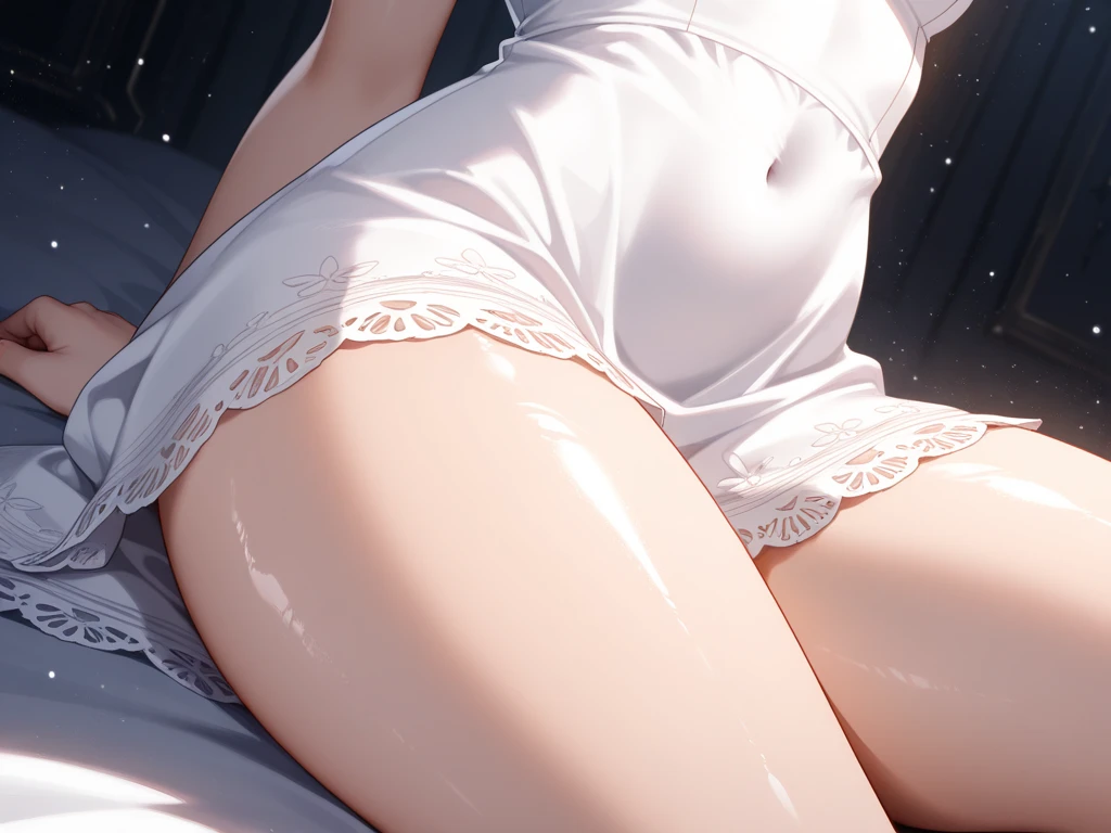 (((best quality)), ((masterpiece)), (details), masterpiece, best quality, high quality, ulutra detailed, perfect face, ((1girl, blue eyes, cat ears: 1.3 silver bob hair: 2.5,)) 、Shiny Hair、Glowing Skin、blush、Lustful look、Sleep in bed、Side Angle、whole body、Purple Babydoll、barefoot、Purple lace panties、Butt、Sideboob、