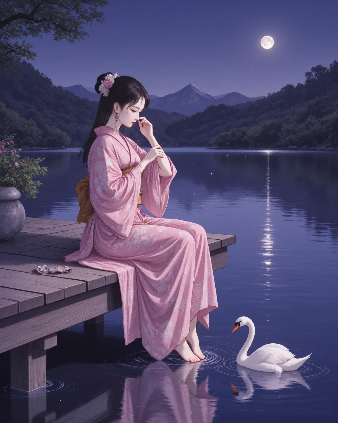 Illustration of a woman sitting on a wooden pier、I'm wearing a cool pink yukata with a white floral pattern and I'm putting my hair up。facing forward with her barefoot feet in the water。There is a quiet lake and green trees in the background々There is、There are sparkling particles floating on the surface of the lake、A beautiful swan is floating。Along with the deep purple night sky, gentle moonlight is reflected on the surface of the water and shines brightly、creates a fantastic atmosphere。beautiful digital art、surrealism、High Definition、masterpiece、8k