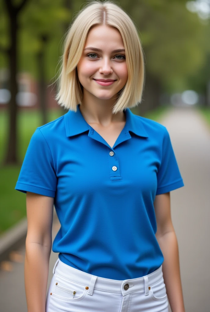 (Mikayla Demaiter) Arafed Full Woman, with Blue Eyes, Ultra Realistic, Meticulously Detailed, Portrait of Sophie Mudd, Blonde Hair and Big Eyes, Selfie of a Young Woman, Bedroom Eyes, Violet Myers, No Makeup, Natural Makeup, Looking Directly at the Camera, face artgram, subtle make-up, Impressive photo full body sitting in the park outisise, Large size chest, allowing the face to be seen clearly, portrait