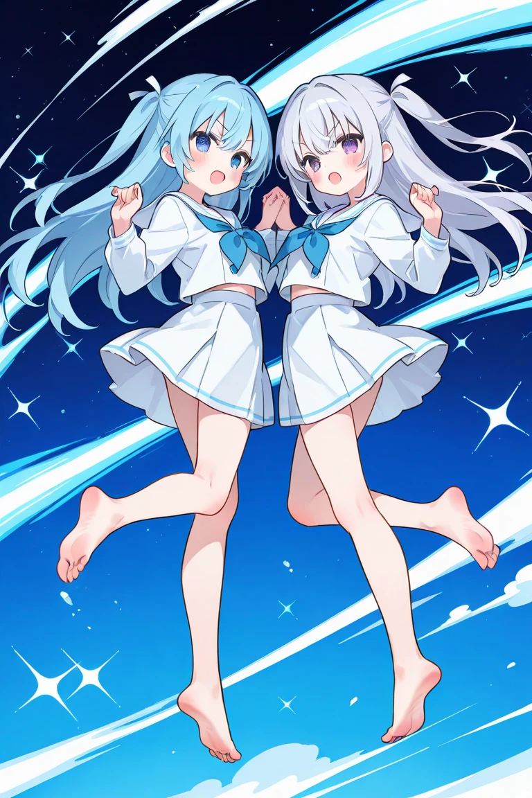 A nice white shirt that lets you see. 、Light blue flared skirt with ruffles、She lifts her skirt with both hands to show off her pretty white underwear.、Cute white underwear visible when you lift your skirt.、sandy beach, beautiful sea, night and starry sky small breasts  blue hair nekomimi 