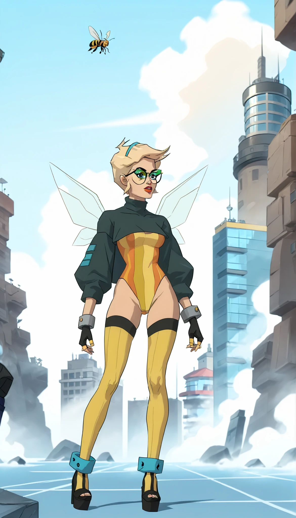 (((Top quality))), full body, standing, 1girl, Alone, blond hair, short hair, Mizora hair, marimacho, Sharp eyes, bee, pechos grandes, yellow striped body, short black sweater top, futuristic face gauntlets, glasses, Antennas, futuristic face , holographic wings, (athletic body), sagging skin,
