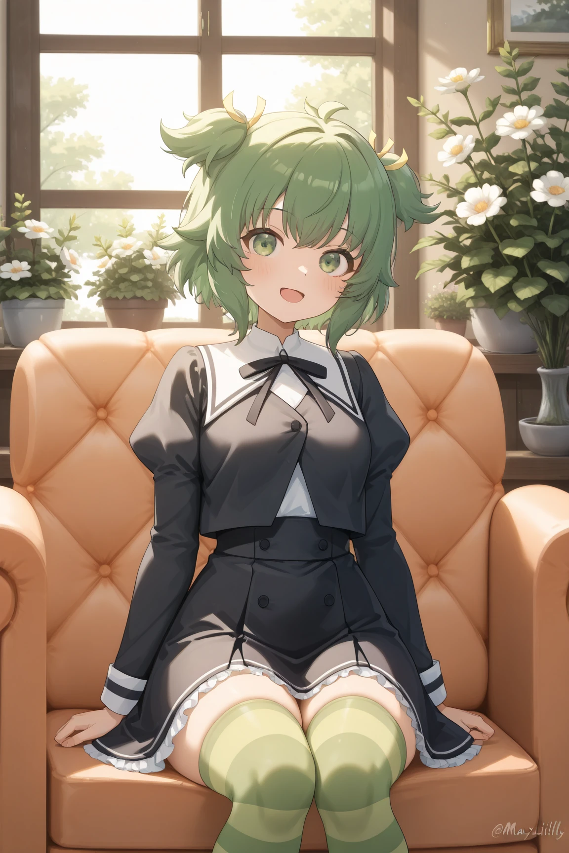 a beauty girl，Yellow-green hair，bobhair、short-hair、Gentle drooping eyes，large full breasts、校服，Manga style，fulcolor，hi-school girl，Calm and gentle face，Big smile、innocent smiles