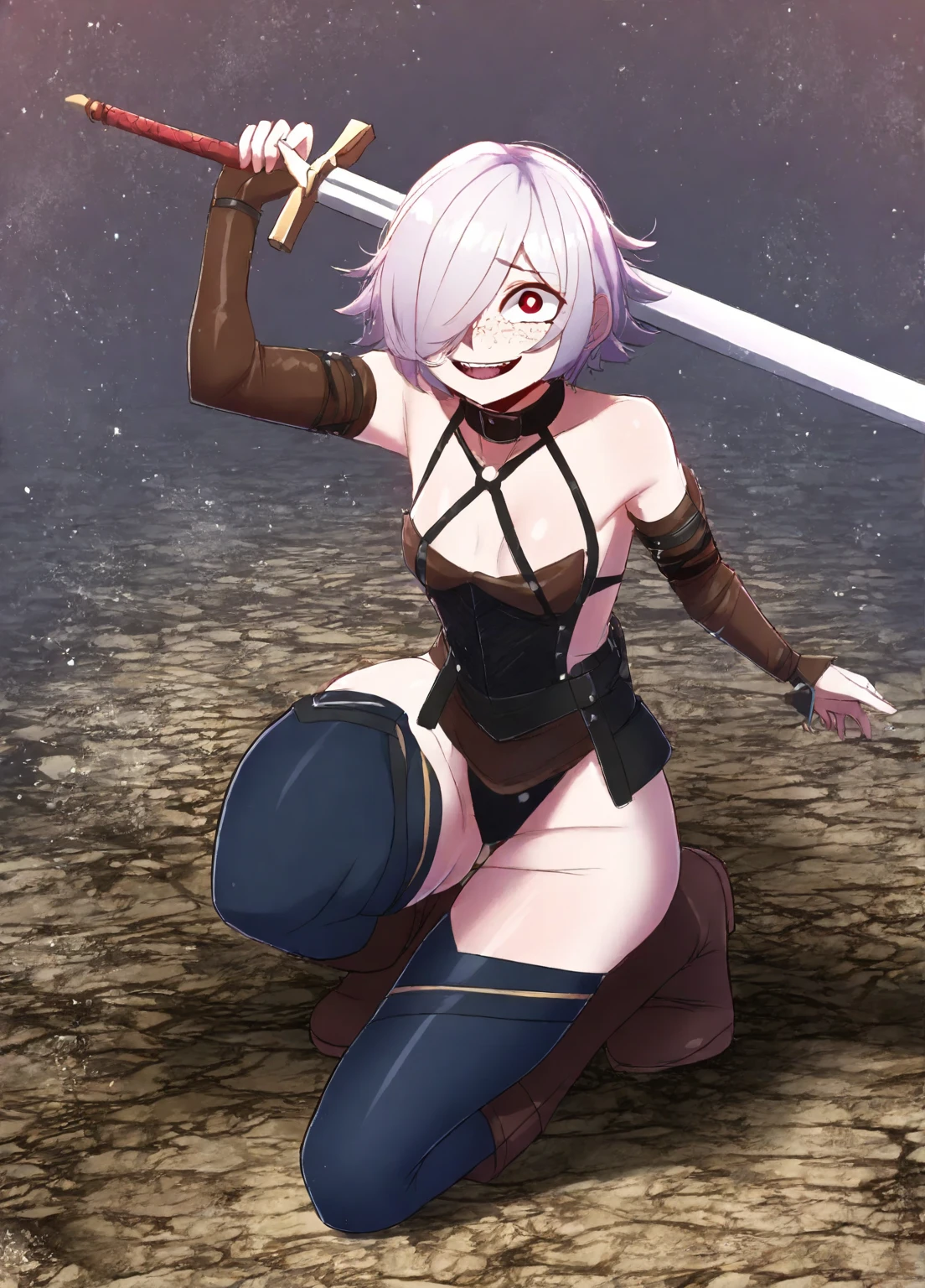 fate/grand order, fate (series), jack the ripper (fate/apocrypha), 1girl, arm belt, bandaged arm, bandages, bare shoulders, belt, belt buckle, black footwear, black gloves, black panties, black shirt, breasts, brown belt, buckle, crop top, dagger, fingerless gloves, gloves, green eyes, grey hair, holding, holding dagger, holding knife, holding weapon, knife, looking at viewer, navel, panties, scar, scar across eye, scar on cheek, scar on face, shirt, short hair, shoulder tattoo, single fingerless glove, single glove, sleeveless, sleeveless shirt, small breasts, solo, stomach, tattoo, thighhighs, underwear, weapon, outdoors, alley, city, science fiction, score_9, score_8_up, score_7_up, score_6_up, score_5_up, score_4_up, BREAK source_anime, masterpiece