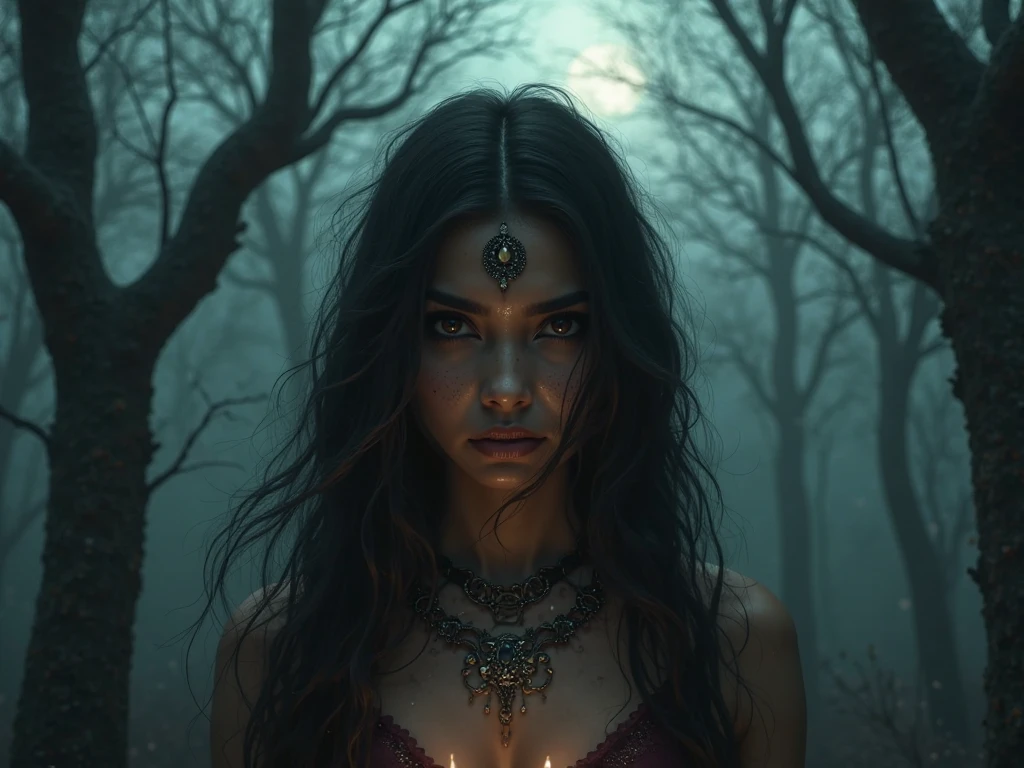 a beautiful indian woman ghost, detailed ghost portrait, detailed face and eyes, ghostly pale skin, long black hair, ghostly dress, dark graveyard, full moon, dark cloudy sky, fog, moonlight, dramatic lighting, cinematic, dark fantasy, horror, gothic, moody, atmospheric, highly detailed, 8k, photorealistic, chiaroscuro, full body image