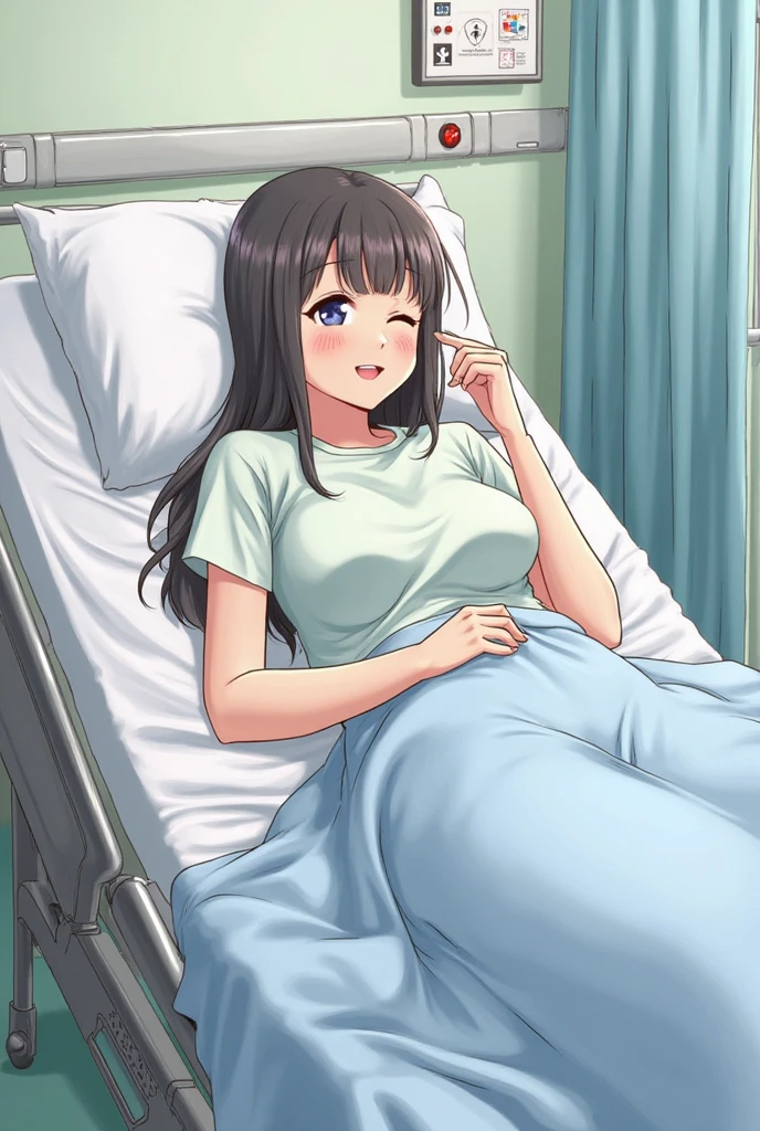 girl(Round Glasses、low length、Patient gown(Pink))Hospital bed(Sleeping on your back)