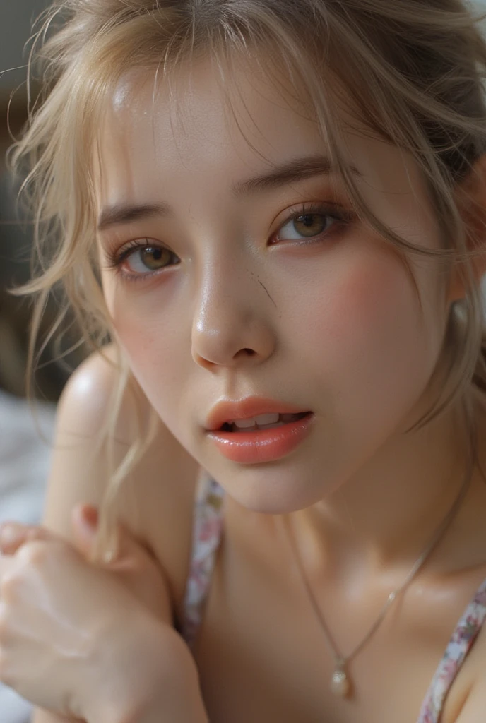 (work of art: 1.3), (maximum resolution: 1.2), (Ultra HD TV: 1.2), cinematic light, 8k permission, detailed facial features , (sharp focus: 1.2), (focus on the face:1.2),Perfect style, beautiful face, Acura, anatomically correcte, Highly detailed texture of face and skin, gorgeous eyes,gorgeous eyes, natural Cheeks, Radiant skin, shining skin: 1.2, (Glossy lips: 1.4),、 (confused look: 1.2),Highly detailed texture of face and skin, gorgeous eyes, Double eyelid, natural Cheeks, , Glossy lips: 1.4,open neckline、(White mucus in the chest:1.4)(White mucus on the thighs:1.2)、 blush、humiliating、Expressions of Confusion、Por favor, Spread your knees、expressions of anger、breasts big、dissatisfaction、Spread your legs、 (((panties pink)))、(((good pink)))、Small, shiny earrings and a rosary、disheveled clothes、Open panties、drenched in sweat、Thin Underwear、Wet Underwear、Long Hair Socks、21 years old, pure woman,1 person、 yo'I'm proud, old room、on top of the bed(on my back, lying in the bed, lying in the bed 横たわる, White sheets:1.3)、blond、shorth hair、dark blue eyes,(japanese school uniform:1.3)、dissatisfaction、masturbate、blush、confused face、Raise your hands to the sky in ecstasy、eyes locked、