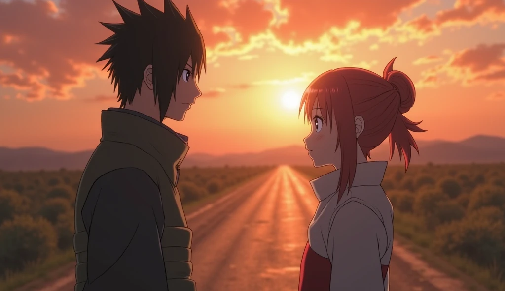 Sasuke and sakura. A man and a woman. The woman was seen leaning on him unconscious. She had short pink hair. He was wearing a red shirt. The man looks like he's pushing her down. He looked at the woman on the back. The man wears dark blue. With riven colors. She was also seen carrying a backpack on her back. They look so beautiful and handsome. It seems so romantic and realistic