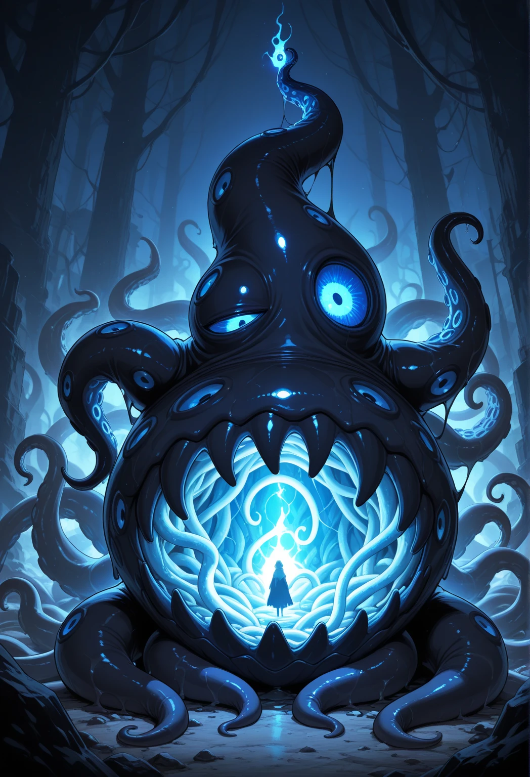 A tentacled creature with a blend of black, white and blue colors, it is cool, evil, fierce, partially mechanical, with technological elements, white mucus and dark blue energy.