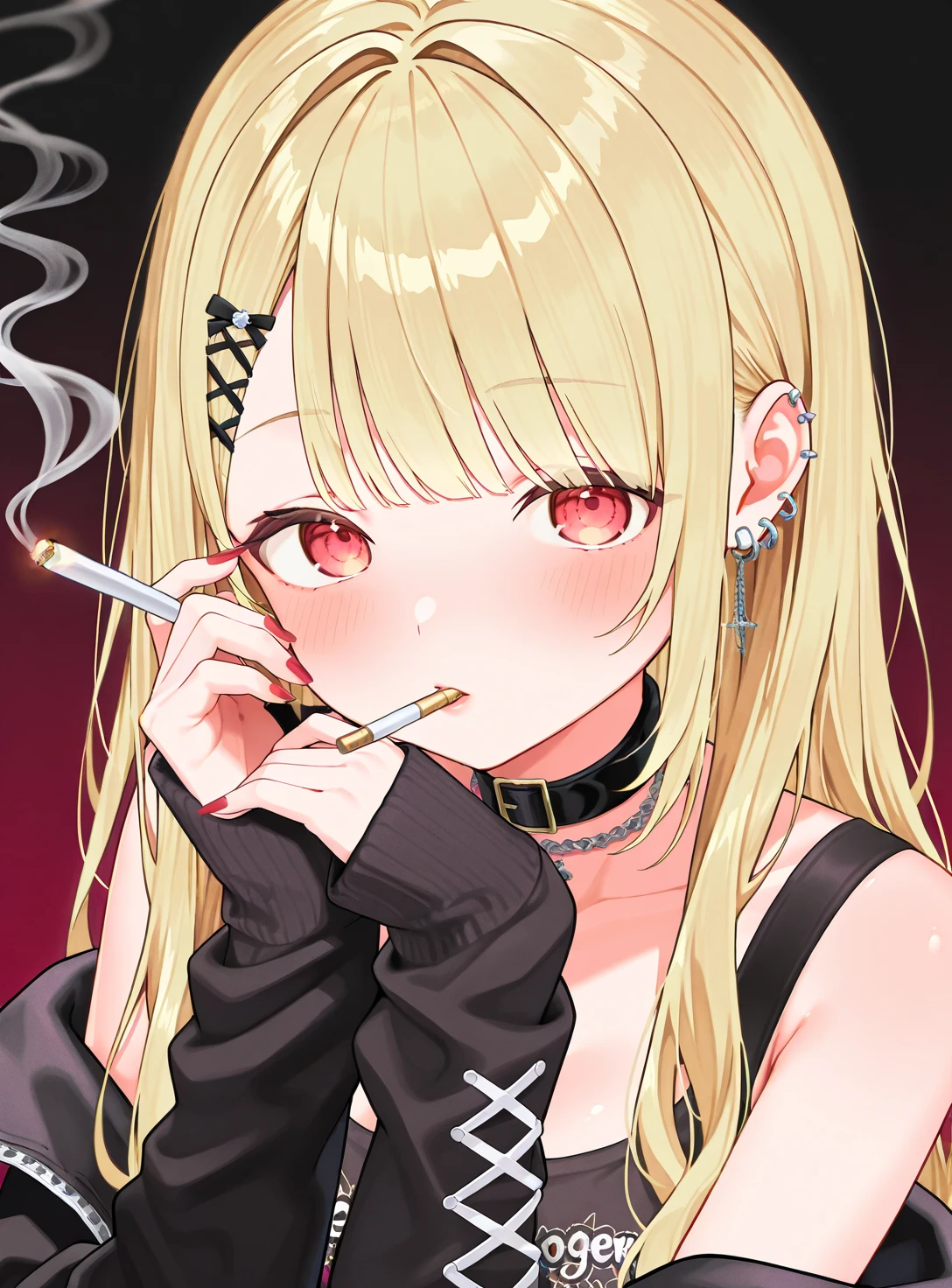 KemiiHS1, 1 garota, cabelo longo sozinho, tem, Pointed cap, olhos castanhos, cabelo loiro, black jumpsuit, decote, safe lips, descompactado, punhos de pulso, olhos quase fechados, Fumando cigarro, with the cigarette in her hands