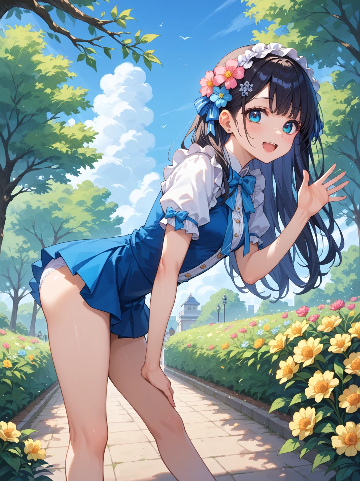 ((best quality)), ((masterpiece)), ((detailed)), (((perfect face))), (((slender 18yo teenage girl))), (((topless))), (((medium breasts))), ((dark blue pleated skirt from waist to thighs))), ((dark brown hair)), ((short ponytail)), (((((blue eyes))))), ((shy:1.3)), ((blushing:1.5)), ((skinny thighs)), ((skinny hips)), (((bare arms))), (((bare shoulders))), (((bare stomach))), (((garden, grass)))), (((laying down)))