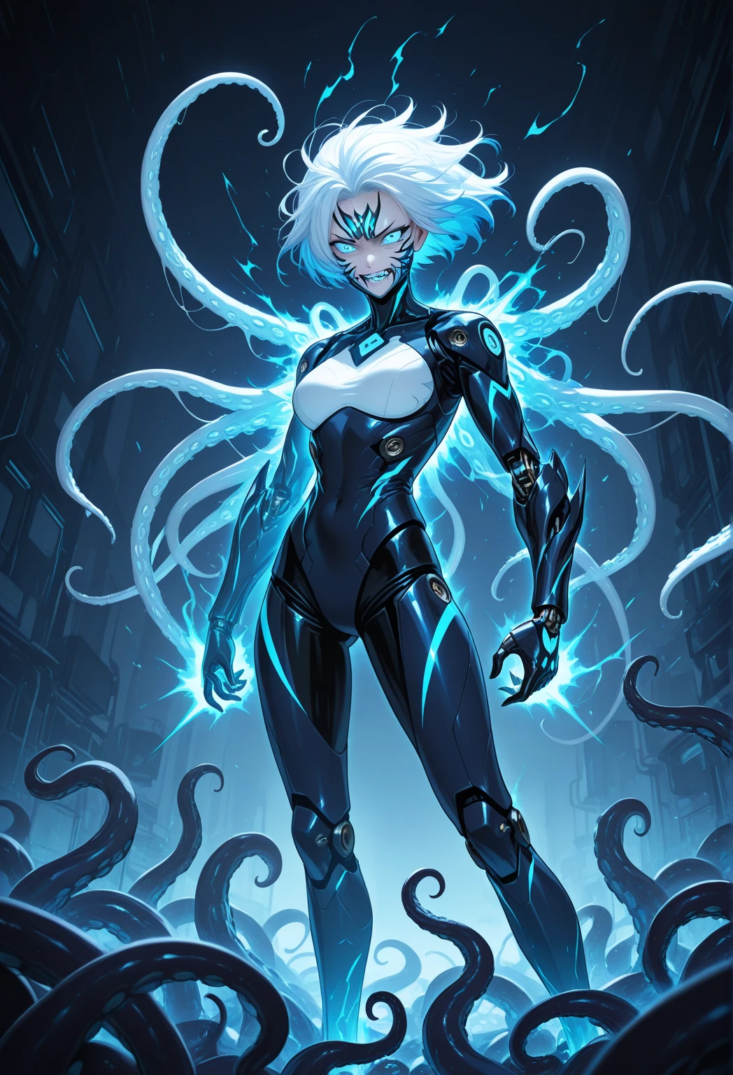 A tentacled creature with a blend of black, white and blue colors, it is cool, evil, fierce, partially mechanical, with technological elements, white mucus and dark blue energy.