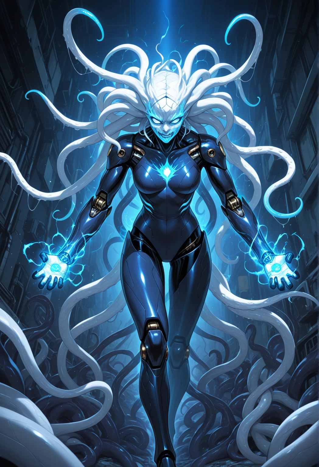 A tentacled creature with a blend of black, white and blue colors, it is cool, evil, fierce, partially mechanical, with technological elements, white mucus and dark blue energy.