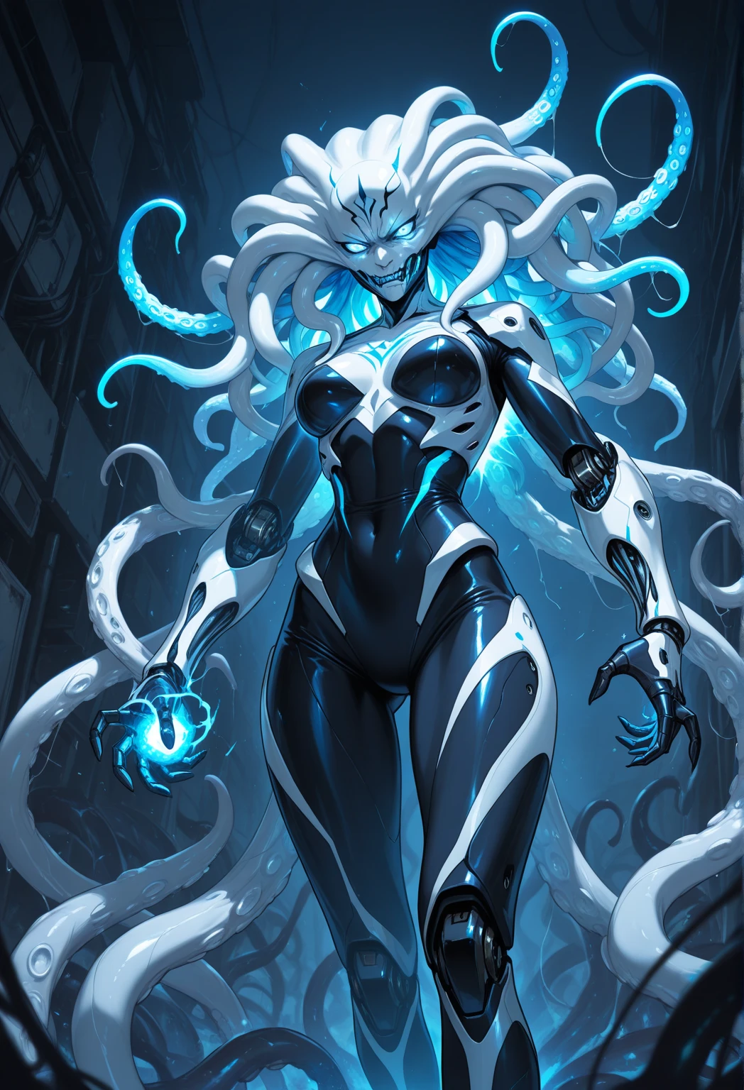 A tentacled creature with a blend of black, white and blue colors, it is cool, evil, fierce, partially mechanical, with technological elements, white mucus and dark blue energy.
