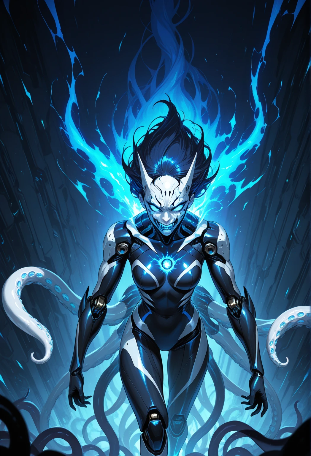 A tentacled creature with a blend of black, white and blue colors, it is cool, evil, fierce, partially mechanical, with technological elements, white mucus and dark blue energy.