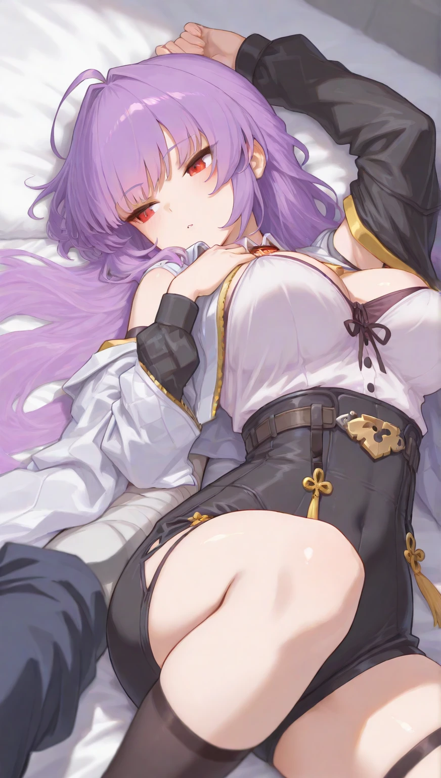 Beautiful girl foxgirl, medium large breasts,purple hair with pink highlights tips, masterpiece , red eyes, sexy, anime styled, 2D, mature, dynamic angle, long hair, sexy, fox tails, sexy pose, nun outfit