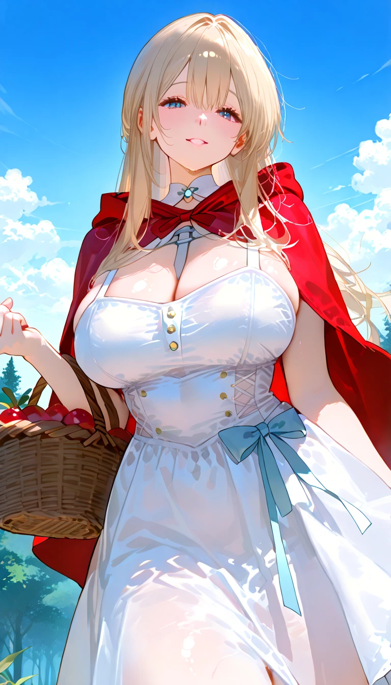 (masterpiece), (best quality), (ultra-detailed), (illustration), (an extremely delicate and beautiful), sagging breasts, disproportionate breasts, 1girl, solo, breasts, looking at viewer, blush, bangs, skirt, large breasts, dress, bow, holding, cleavage, closed mouth, standing, yellow eyes, pink hair, pantyhose, cowboy shot, micro bikini,outdoors, frills, food, sleeveless, day, hood, bowtie, mole, apron, tree, black pantyhose, black bow, red skirt, grass, nature, white apron, hood up, forest, mole on breast, brown pantyhose, panties under pantyhose, black bowtie, apple, basket, red capelet, hooded capelet, holding basket, red hood, skirt lift by myself, very short pleated miniskirt, showing panties,
