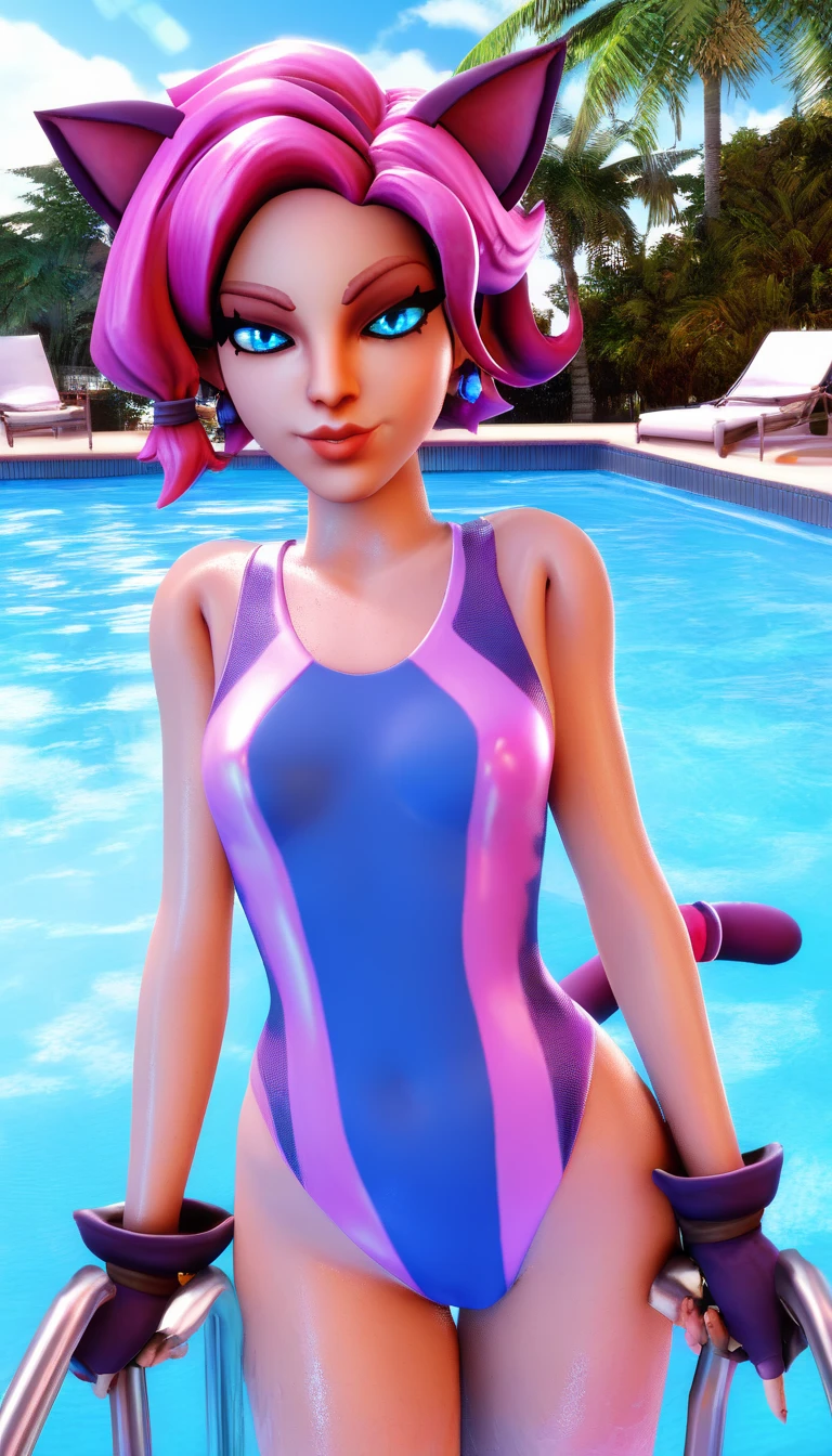 Superbunnaiter the female anthro rabbit, pink skin, pink hair, live action cgi, swimsuit, full body view