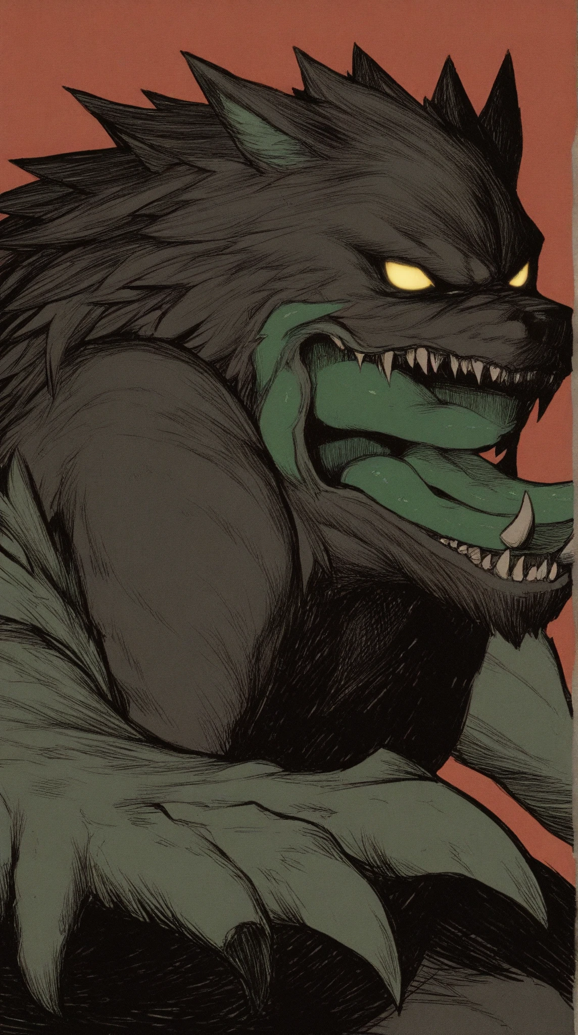 A hulking skull faced wolf creature with black fur, giant pecs, glowing green eyes, bangs