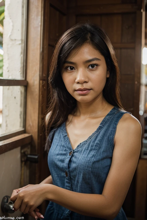 Extreme high angle shot from above of her, Una foto tomada desde (((fuera de la ventana)))a romantic picture of a young Indonesian woman with hair and clothes from the 1970s. The lighting is from the window, natural and soft, illuminating the scene evenly without harsh shadows or highlights. She is standing behind the window inside her house. She is looking directly unto the camera with lost look and a slight smile, (((la foto fue tomada desde el exterior del casa))), with cinematic lighting, professional high definition photography style ,fotorrealista