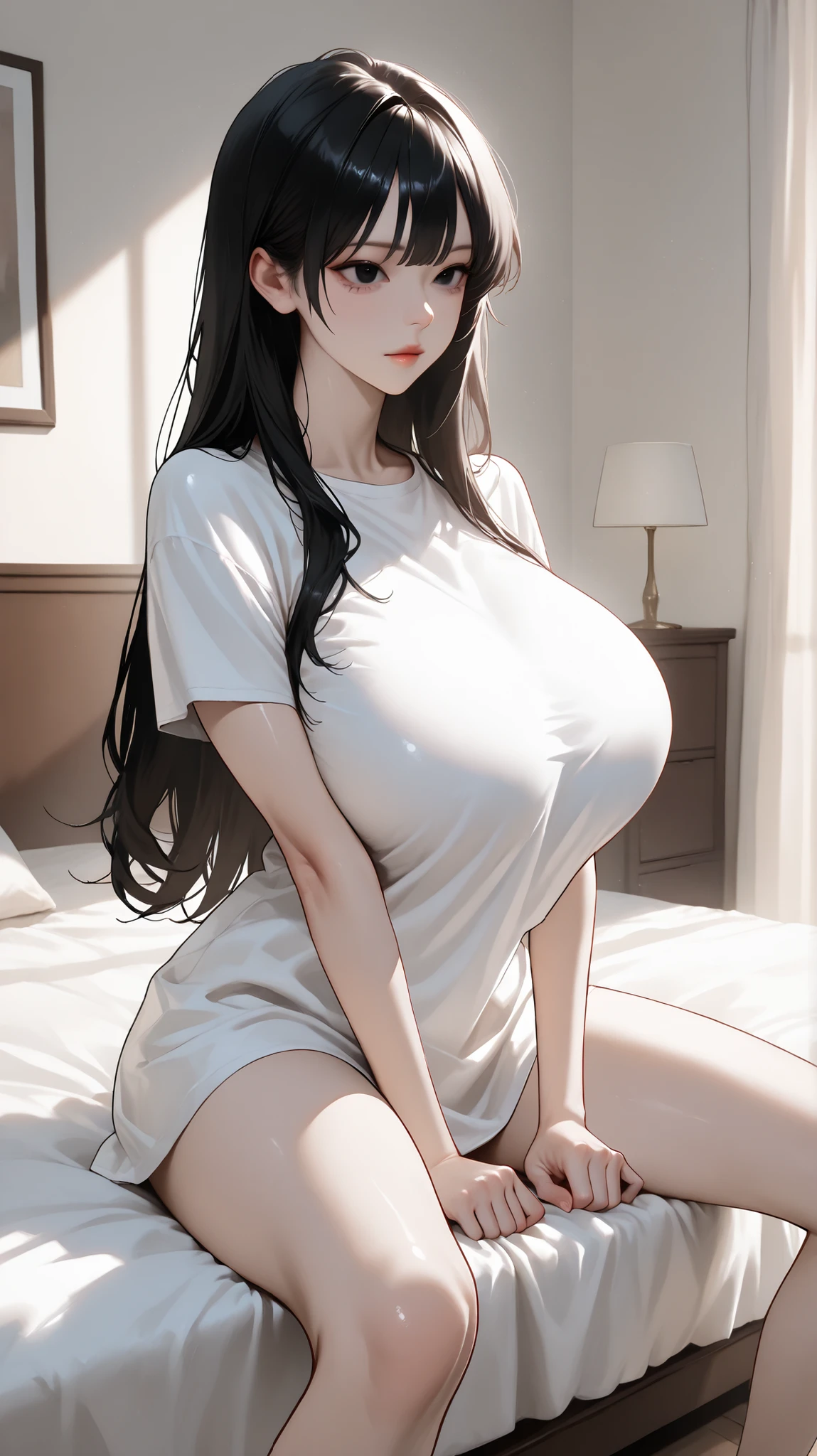 (((short black hair, amber eyes, thick upper lip and pointed nose,(((manhwa,girl,sexy,woman,anime,long sleeve t-shirt, white t - shirt, blue jeans, ))),(((wide hips))),S-shaped body:1.7))),((masterpiece)),high resolution, ((Best quality at best)),masterpiece,quality,Best quality,((( Exquisite facial features,looking at the audience,There is light in the eyes ))),(((Light and shadow interlace,huge ))),(((from above,Lying in bed)))