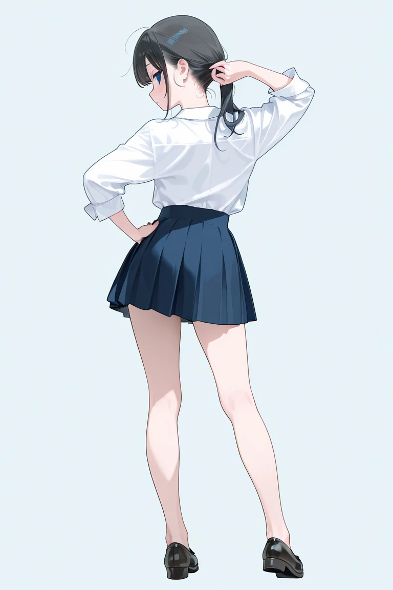 ((masterpiece)),(((Highest quality))),((Character design sheet)),Thin thighs,Long legs,Girl in light blue clothes:1.5，Wearing light blue tights:1.5，The best smile:1.5，Full Body Shot:1.5，Gray background:1.5，Wearing black high heels:1.5，short side wave:1.5，