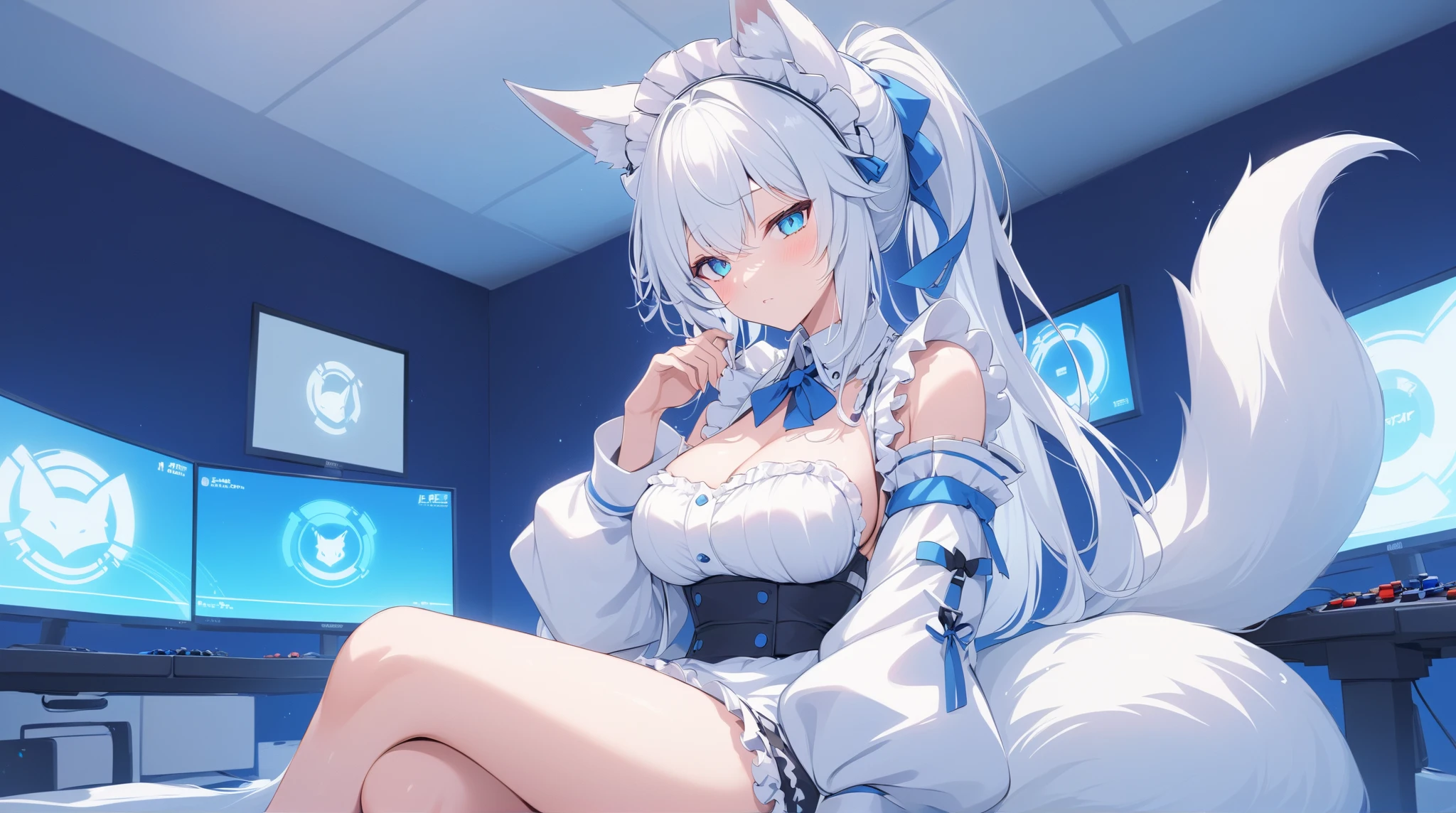 Taiwanese girl 18 years old with baby face and big breasts Asian woman wearing white shirt and black shorts lying on yoga mat,Anime Girls Cosplay,cat ears and tail, cat ears anime girl, Ahri from League of Legends is a girl wearing a maid outfit,have big breasts,There are three women in maid costumes,Doing push-ups on mat in gym,charming depiction,Lively and dynamic