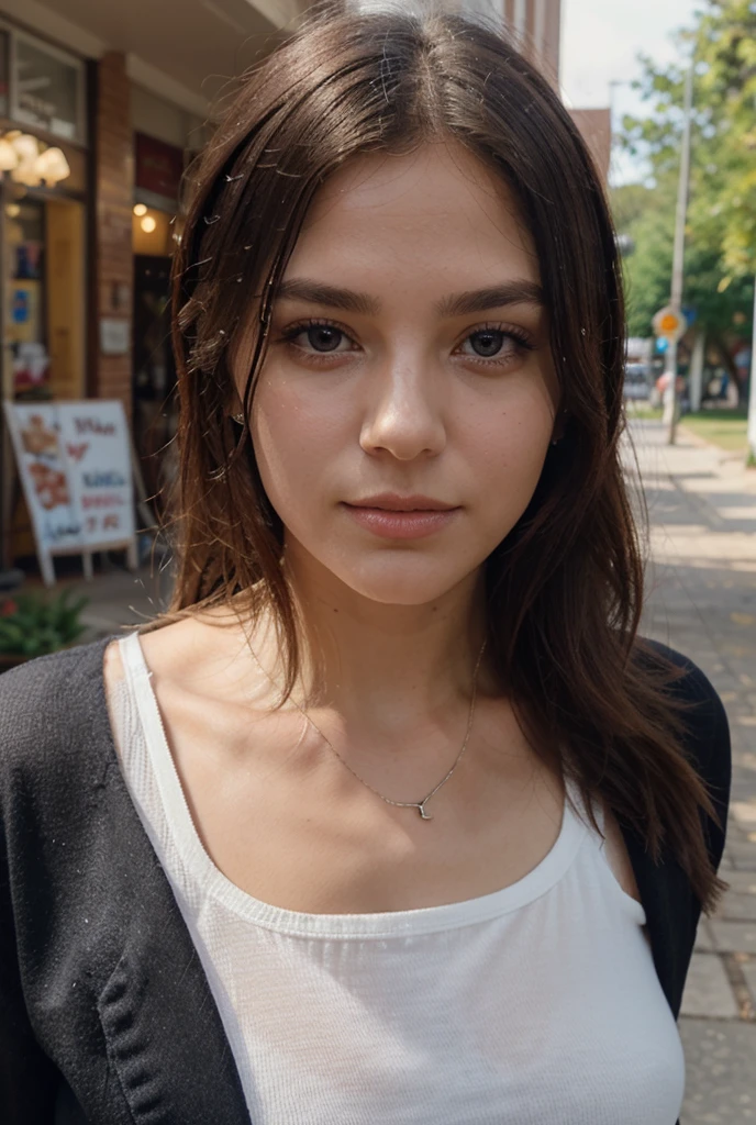 photo of a 21 year old brunette woman Alessia Bianchi, who has a very natural face, thin lips, thin eyes, thin eyebrows, thin nose,long eyelashes,streets in stuttgart,germany,evening, cafes , Flashlights , Beautiful nature, evening , darkly, Realistic, hiquality,full body picture.
