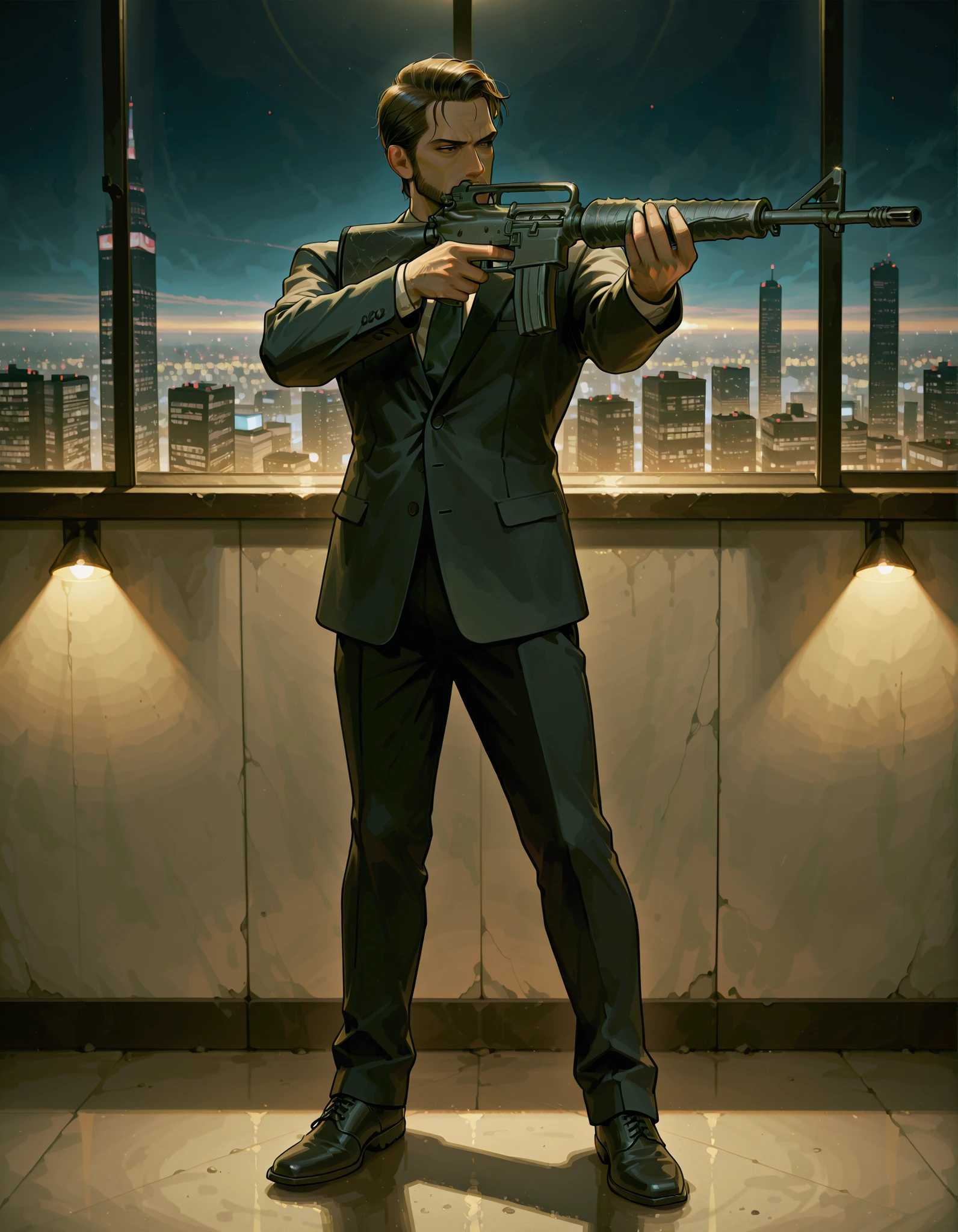 (masterpiece), (best quality), intricate details, detailed background, high res, 8K, solo, solo focus, 1male, male focus, adult, mature male, random mafia enforcer, (black suit and tie, matching slacks and formal shoes), (holding an aiming a rifle, c-m16, m16a2:1.2), looking away, standing, standing straight, firm badass pose, new york skyline, empty peir, nighttime, full shot, full body costume design.
