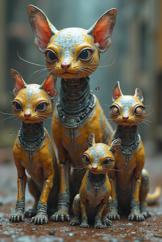 A detailed image of a being with three different heads united by the same body, each head has its own personality, one is that of a feline similar to a cat, The middle head is that of an attractive man with a beard and bright eyes and the third head is that of a toad or reptilian..
The body is humanoid musculature, Two arms and two legs.
The angle of the camera allows you to fully visualize this three-headed hybrid being in all its splendor. (high quality) (Masterpiece) (image completely)
