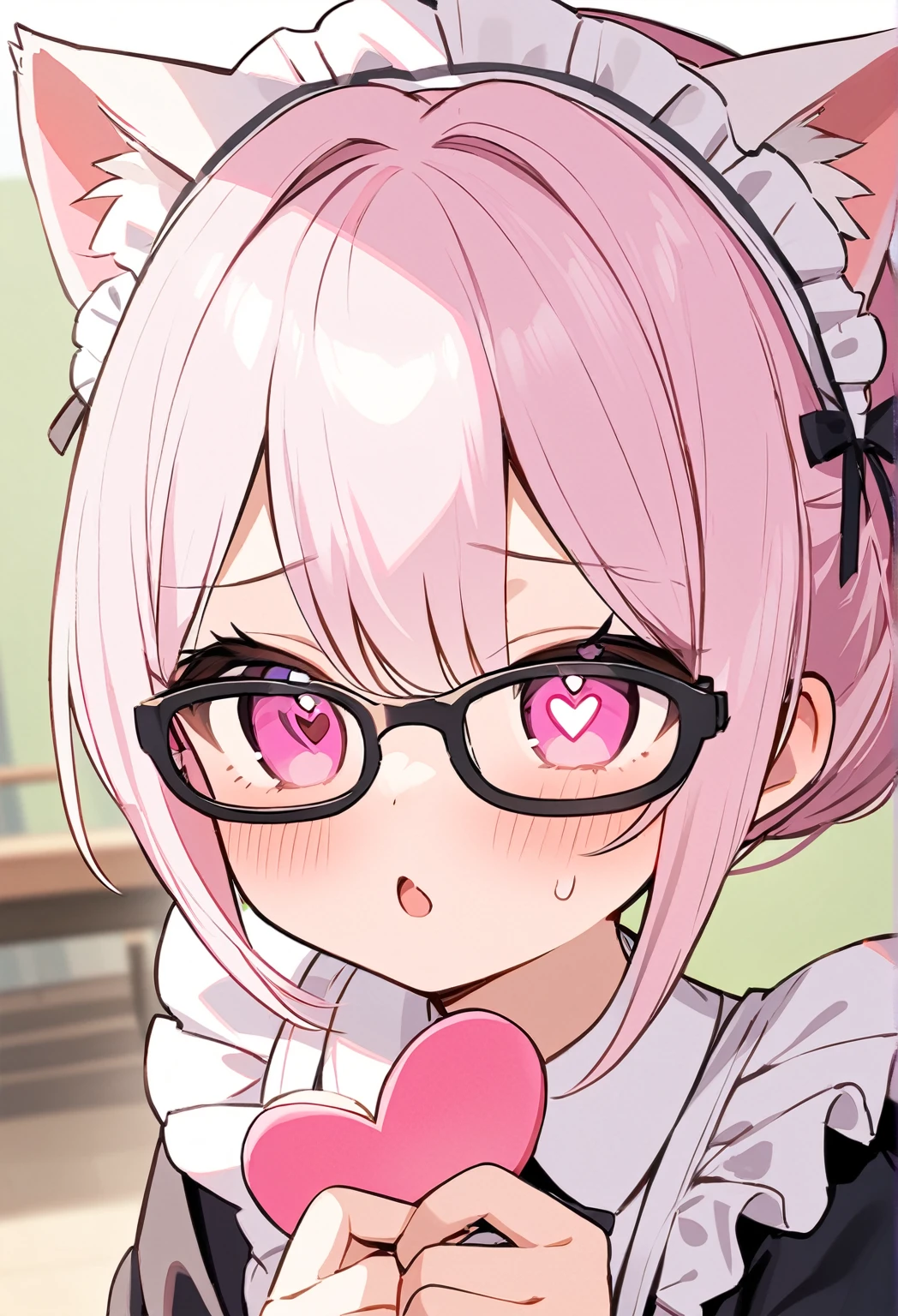 best quality,Optimal resolution,(Fluffy anthropomorphic furry :1.6),(young :1.6),Catwoman,Small Breasts,Light grey hair,Long hair,curls,Curly hair,Light grey fur,Pink Eyes,Sparkling eyes,Shining eyes,Round glasses,Sweetheart collar,maid outfit,Maid headdress,Maid gloves,Ruffles,美丽的咖啡馆的bathroom,White light,Full flush,face,Smile,heart shape eye,Heart shaped eyes,open mouth,Straddle Viewer,Heavy breathing,bathroom,toilet,坐在toilet上
