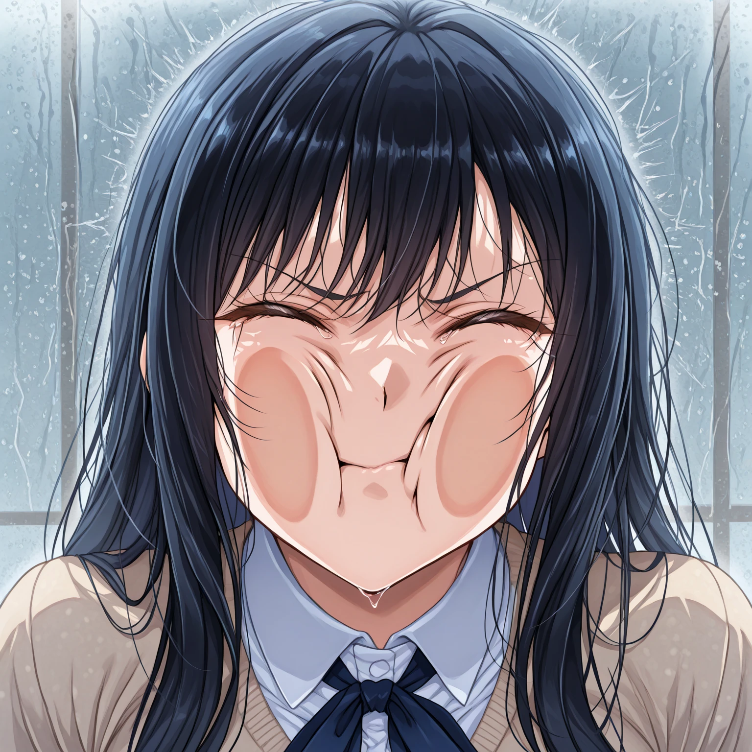 1girl, futaba rio, seishun buta yarou, Ash gray hair, massy hair, large breasts, skinny, , ponytail, hair_scrunchie, sweater vest, Beige vest, white shirt, short sleeved shirt, red tie, pleated skirt, black high socks, loafers, tegaki,
2boys 2penis, How, How on hair, How on clothes, excessive How, pojecile How, facial, bukkake, closed mouth, from above, Cum from multiple cocks、Her face is covered in a lot of semen、Close ~ eyes、Grimacing、Frown、Displeased face、
masterpiece, best quality, very aesthetic, absurdres, highly detailed