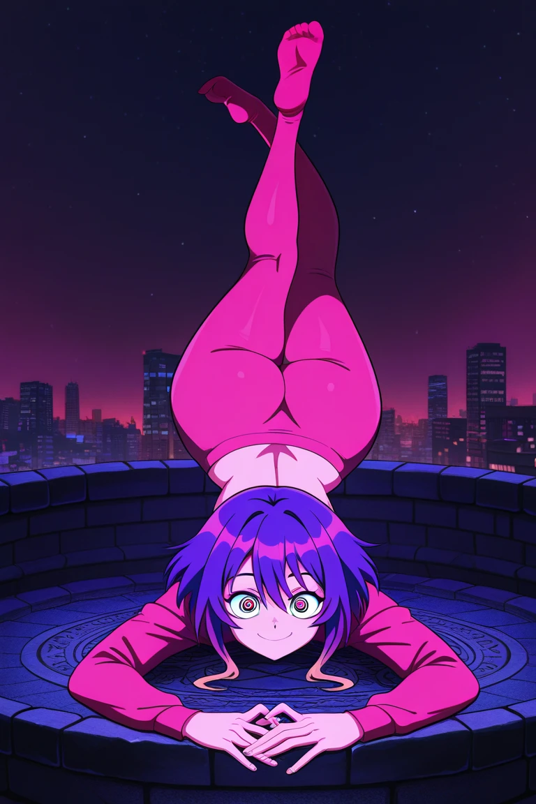 mature female, mature, Adult, himeno, himeno(Chainsaw Man), 1girl, black hair, short hair, eyepatch, Himeno(Chainsaw Man), solo, seductive smile, Villains, latex purple leotard, purple lips, back shot, from front, handstand, upside-down face, dramatic angle, unique perspective, unique angle, View your audience, Night town, City, skyscraper, Night, Dark, masterpiece, Top animation quality,Top image quality,