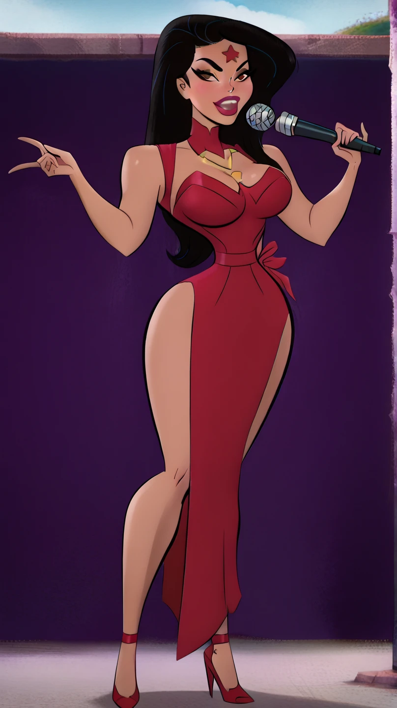 SFW, Female Full body standing straight symmetrical, looking to the viewer, hands on hips, peace sign, A woman，short detailed hair，ember，white backgrounid，Masterpiece, Best quality, Beautiful, Visually stunning, elegant, incredibily detailed, Award-winning art, 0n1, Red skin, oni horns, their, Red them, Colored skin, metal sandals