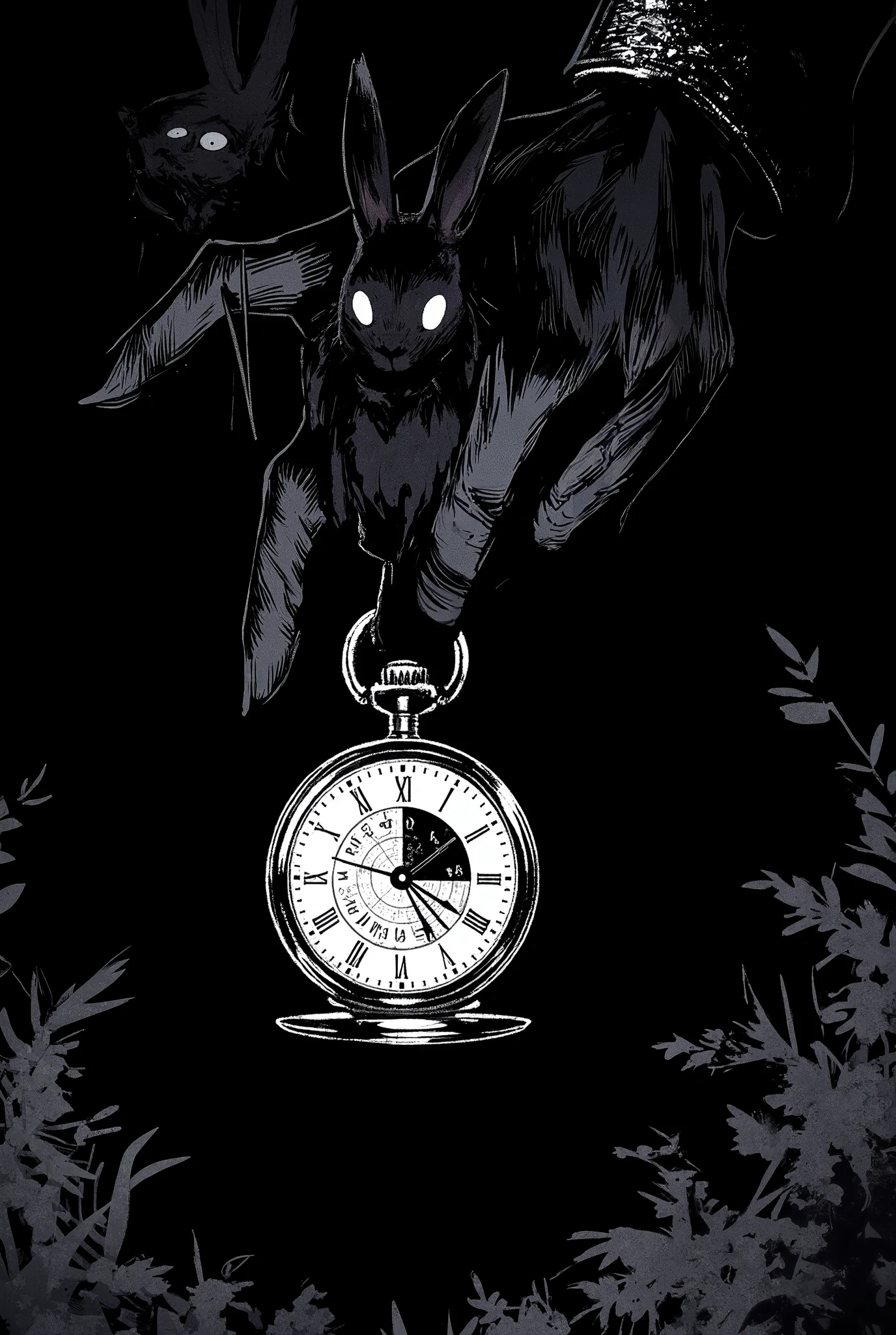 A pocket watch closed held in hand wearing a black glove. The dial has 43 hours instead of 24 hours Junji Ito's manga style, black and white, Manga style

(In the dark, clear and not deformed rabbits)