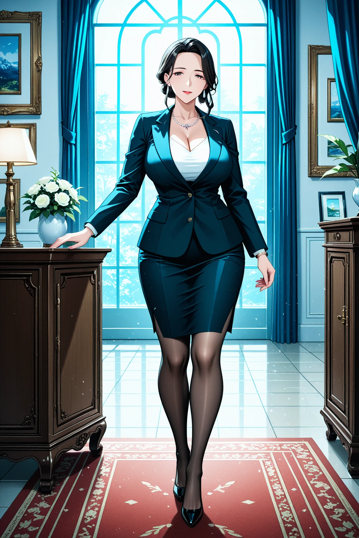 nsfw, (ultra-detailed, photorealistic, best quality, 4k, 8k, highres, masterpiece:1.3), a strikingly beautiful young woman, tall with a voluptuous figure, long toned legs, flat abs, and an hourglass body shape, long glamorous platinum blonde hair, expressive blue eyes, Her perfectly round and full breasts are a standout feature, complemented by her sophisticated makeup, featuring smokey eyeshadow, dramatic eyelashes, and nude lips, Bella is wearing a daring and provocative business casual outfit, featuring a fitted blazer with nothing underneath, showcasing her cleavage, paired with a high-waisted pencil skirt that hugs her curves, and stiletto heels that add height, She accessorizes with a delicate gold necklace, diamond-studded earrings, and a designer clutch bag, Her posture exudes confidence and elegance, with a poised and self-assured expression, The background features a luxurious, serene setting in Verano Bay, emphasizing her refined lifestyle and the picturesque environment, (intricate detail, super finely detailed hands, ultra finely detailed fingers, full body showcase, show full body:1.3),