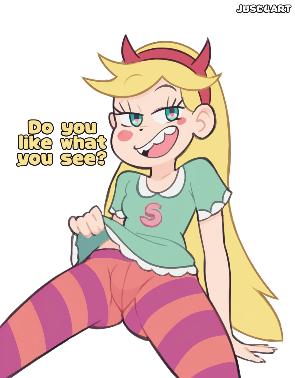 starbutterfly, high colours, 1girl, blonde hair, horned headwear, hairband, long hair, solo, heart, blue eyes, facial mark, very long hair, nude breasts, small breasts, striped stockings,boots, , blush stickers,looking at viewer, smile, sitting on a bench , cameltoe, pussy ,spread legs, evil smile, front view, shy, pussy close focus, spread pussy, pussy juice