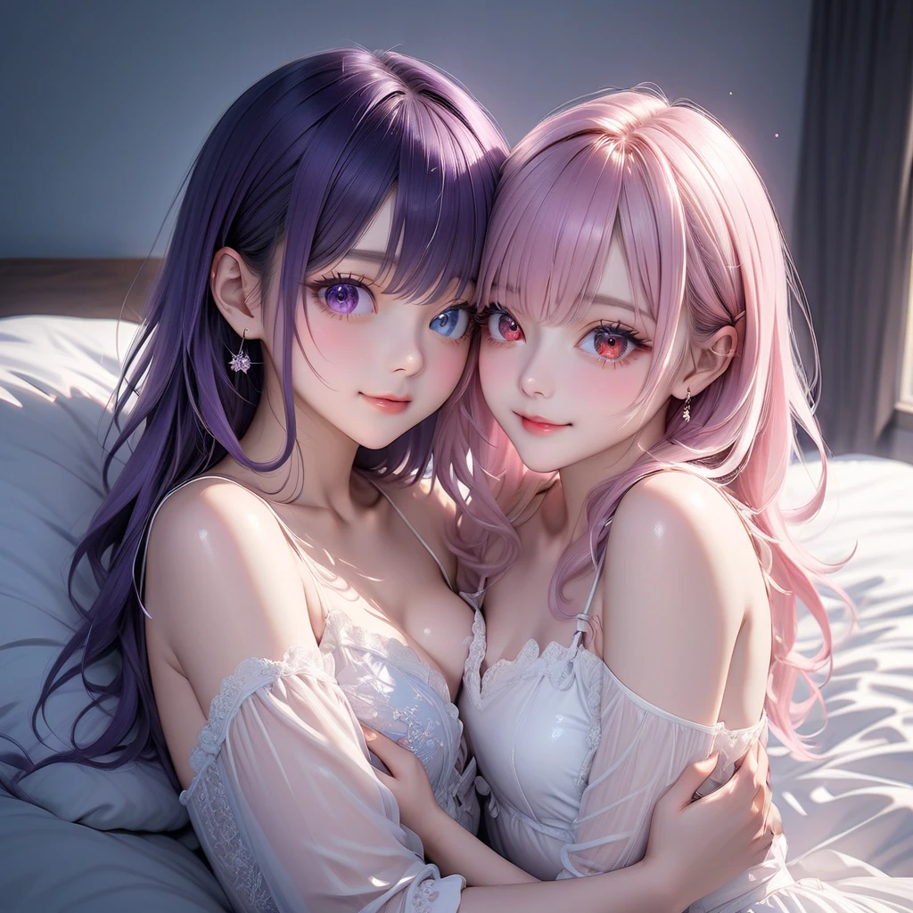 In a dimly lit beach with soft, warm lighting, a cute young busty girls with tiara sits on the sand kissing, their long curly pink hair glistening in the glow. They wears a sparkling pink bikini with sexy cleavage that seems to shimmer and shine like bioluminescent paint, matching the radiant violet hue of her eyes. Their eyes are detailed with long eyelashes and bright and colorful irises with heterochromia and are sparkling. Their expression is sultry, with mesmerizing eye contact that draws the viewer in. Their big breasts are perfectly rounded, with a large sag that adds to their allure. As she kneels forward, her legs spread invitingly, showcasing her confidence and sex appeal. The watercolor-inspired hues on her skin blend seamlessly, creating a photorealistic effect that's almost too beautiful to be real. 2girls_kissing