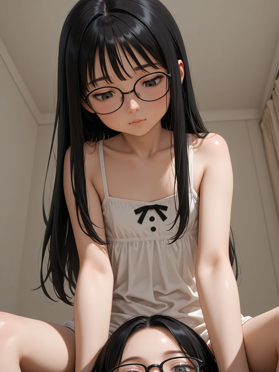 Erotic、Bedroom、Completely naked、slender、Smooth, very beautiful, white skin A girl about 10 years old、Expressionless Glasses、Black Hair、Sweat、Close-up of face child Small Big eyes Small breasts Open your mouth very wide Mouth up Blowjob Eroticい唇 Eroticい口