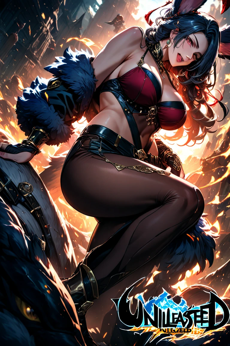 A fiercely passionate Heavy Metal vocalist, this strikingly beautiful Black woman exudes strength and rebellion as she performs on stage with her band. The imagery captures her fiery persona with vibrant red hair, piercing silver piercings, and intricate tattoos that tell a story of resistance. The image is a digitally-enhanced photograph, showcasing her raw energy and empowering presence. Every detail, from the intricate costume to the intense expression on her face, is meticulously rendered in high definition, drawing viewers into the intense performance of a song of social revolution.