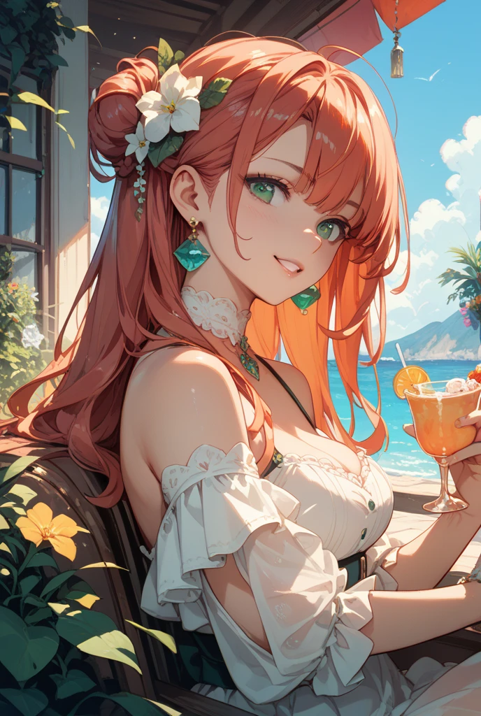 atmosfera sombria motor gráfico engine 5 ful hd 4k 100 lines art Elza frozen power Fenix + Boruto elf sexy seios pequenos e empinados slim with long aqua repicado silver withe neon repicado hair lounges on a beach towel under a colorful umbrella. She wears a black + red maio with frills and a sheer, olhos azuis lindos decorated cover-up, appearing relaxed while using a laptop. The background features a tropical beach scene with palm trees, soft waves, and a clear blue sky dotted with clouds. Sunlight glistens on her skin, and a glass with a drink sits nearby.